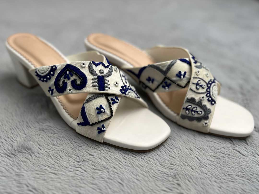 Handmade Blue Rangrez Thread Embroidered Block Heels for Party & Traditional Wear
